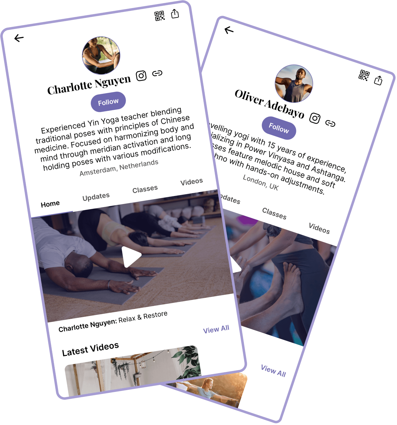 Happy Yogi teacher profile screen showing classes and updates